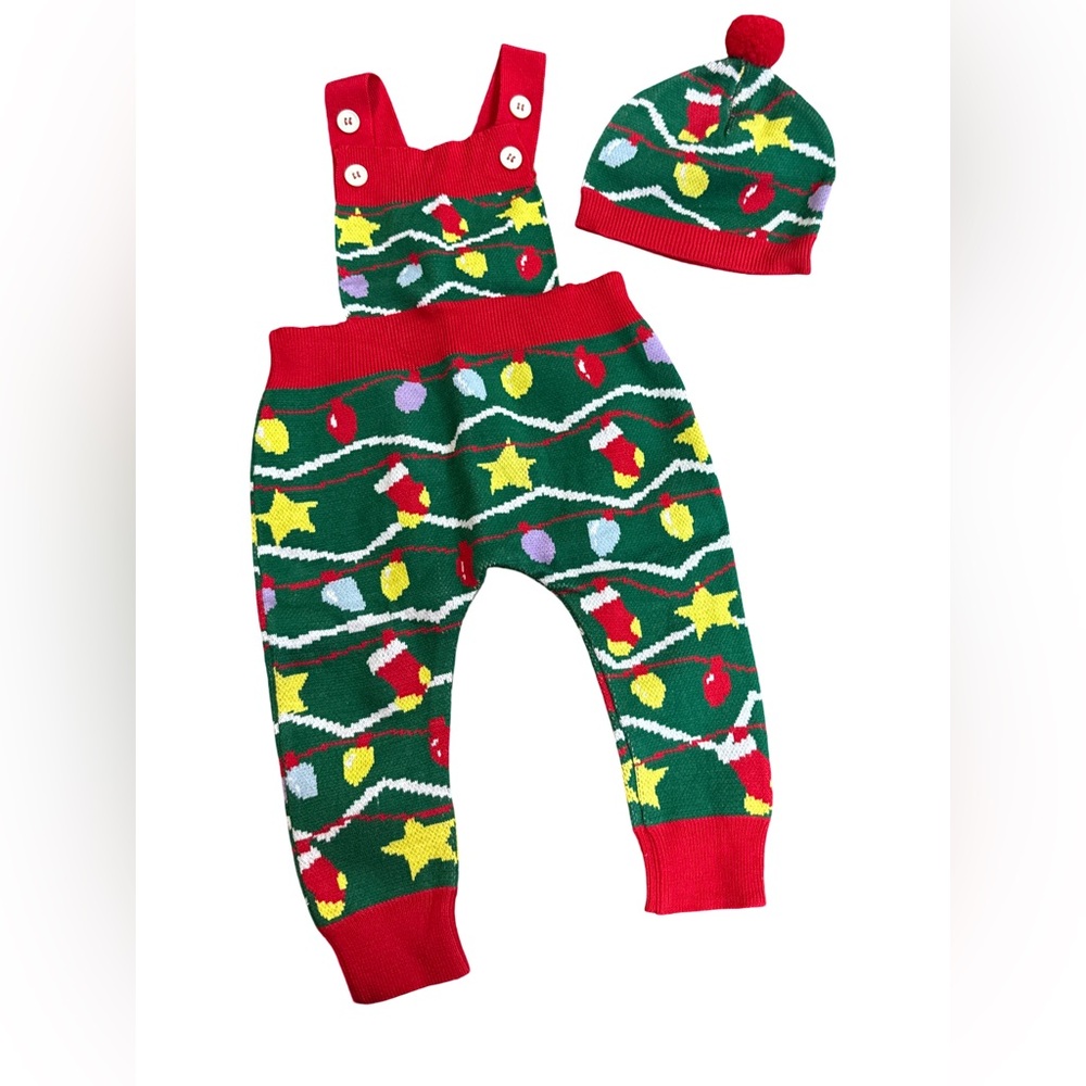 Festive Holiday Overalls Bodysuit Set  with Hat Red and Green